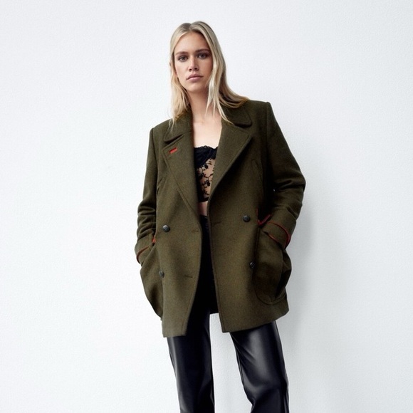ZARA Oversized Khaki Green Double Breasted Military Style Wool Blend Coat medium - Picture 1 of 9